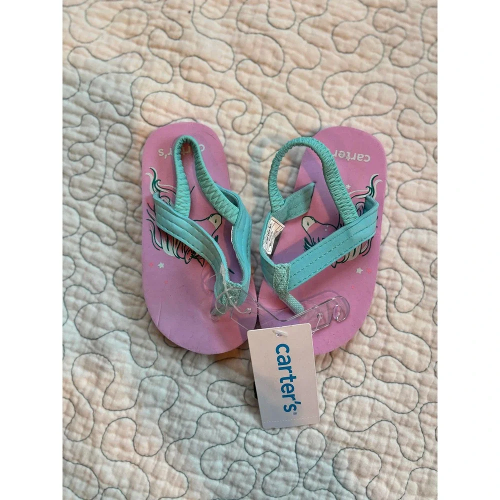 Carters Toddler Girls Pink Unicorn Flip Flop Sandals Elastic Back Strap Size 5-6
